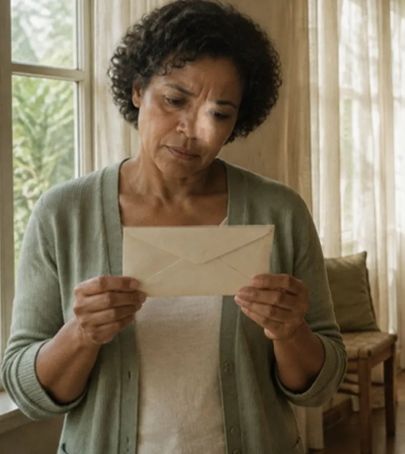 Mulher lendo uma carta perto da janela