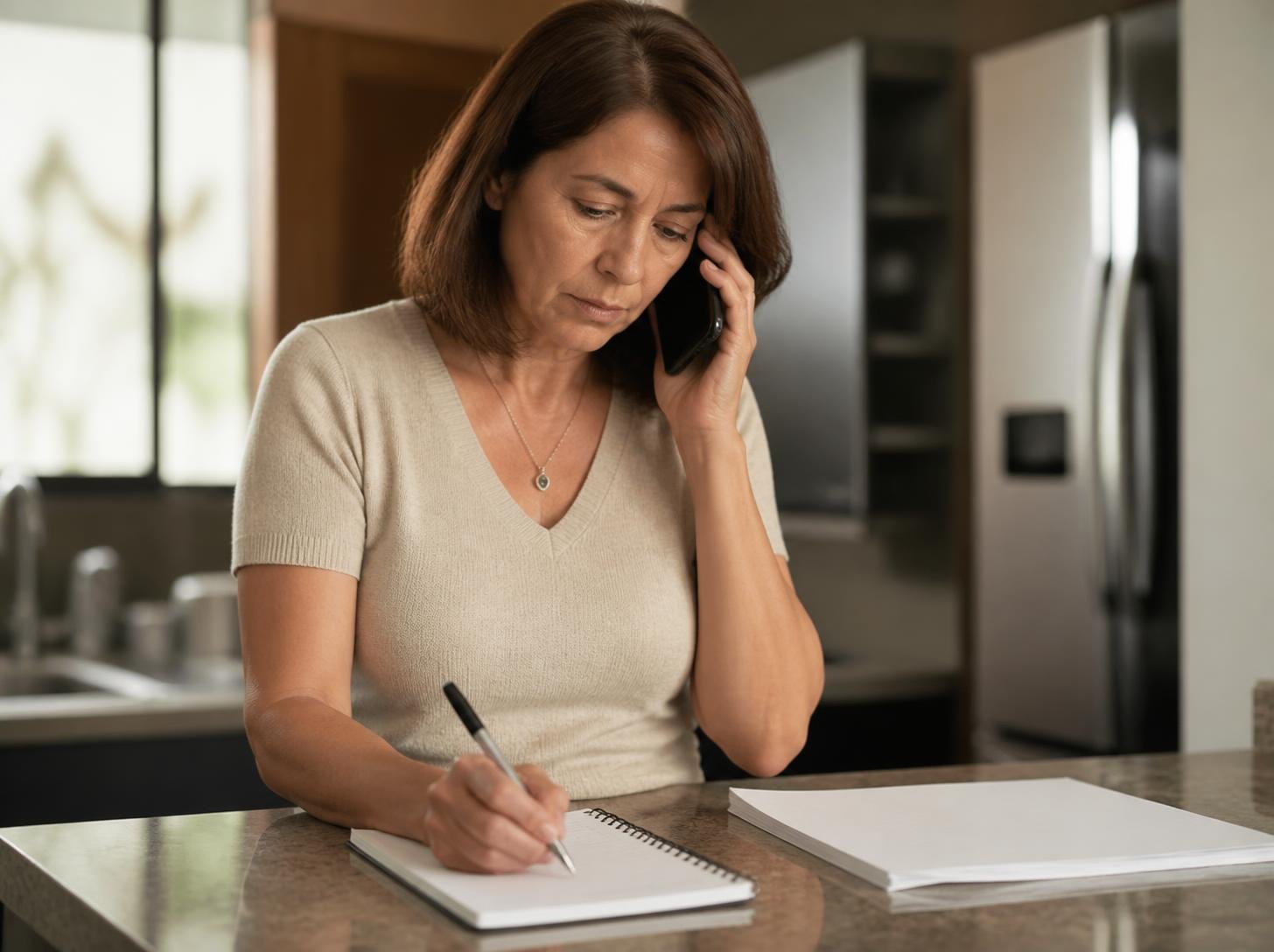 Mulher de cerca de 50 anos ao telefone com a operadora do plano de saúde enquanto anota informações em um caderno