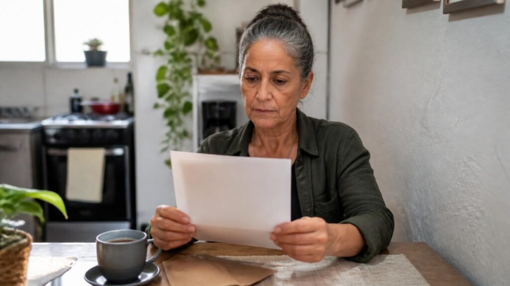 Mulher de cerca de 55 anos sentada à mesa da cozinha analisando o boleto do plano de saúde com expressão preocupada
