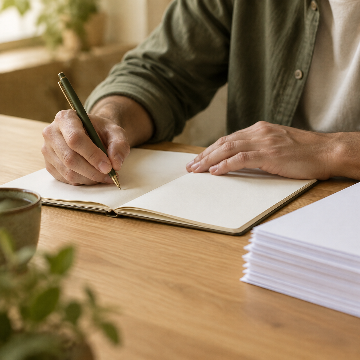 Pessoa anotando em caderno os percentuais de cada faixa etária do contrato