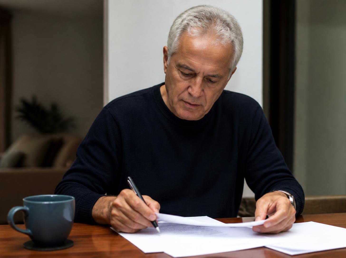 Homem de cerca de 66 anos sentado à mesa de casa organizando os documentos do plano de saúde