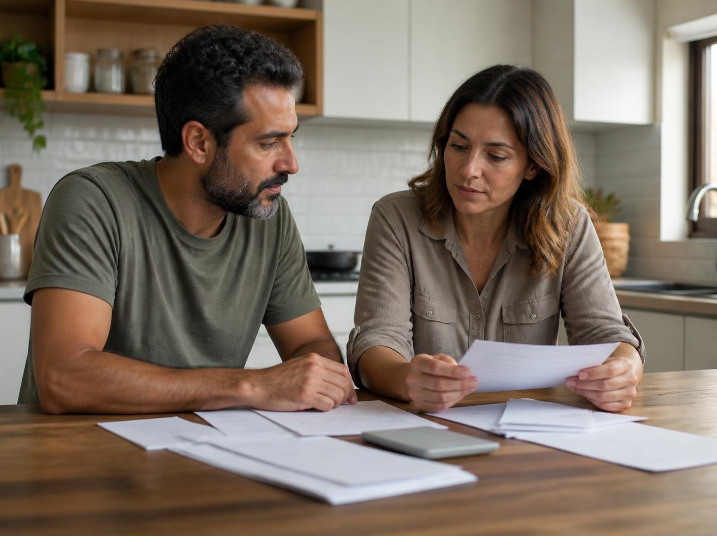 Casal de cerca de 40 anos sentado à mesa da cozinha conversando sobre as contas da casa