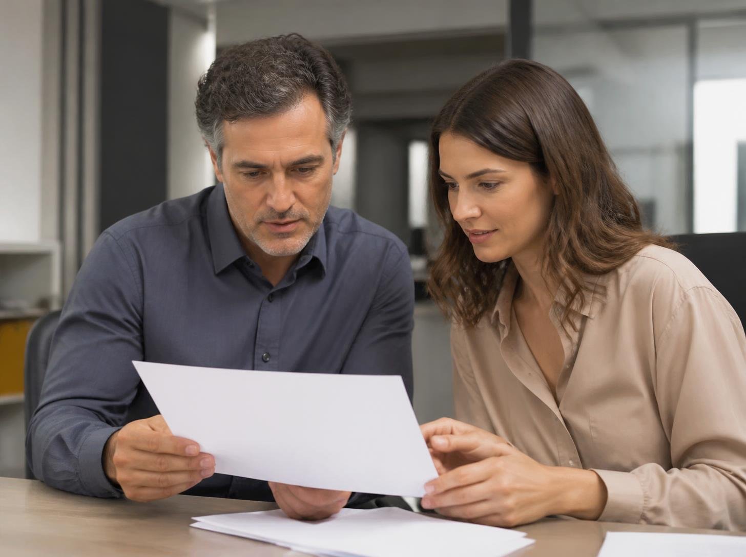 Sócio e colaboradora analisando o extrato de cálculo do reajuste do plano de saúde empresarial