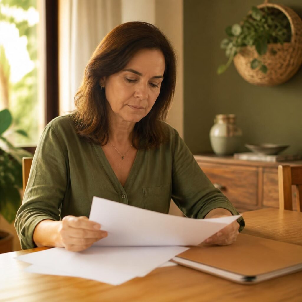 Mulher sentada à mesa de casa examinando o contrato e os boletos do plano de saúde coletivo