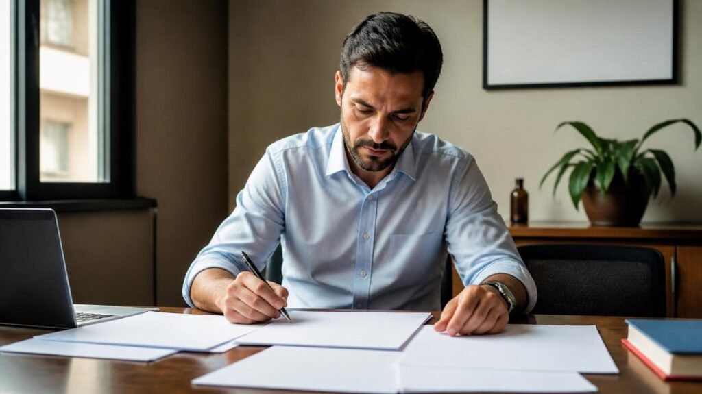 Analista financeiro examinando relatórios de utilização do plano de saúde no escritório