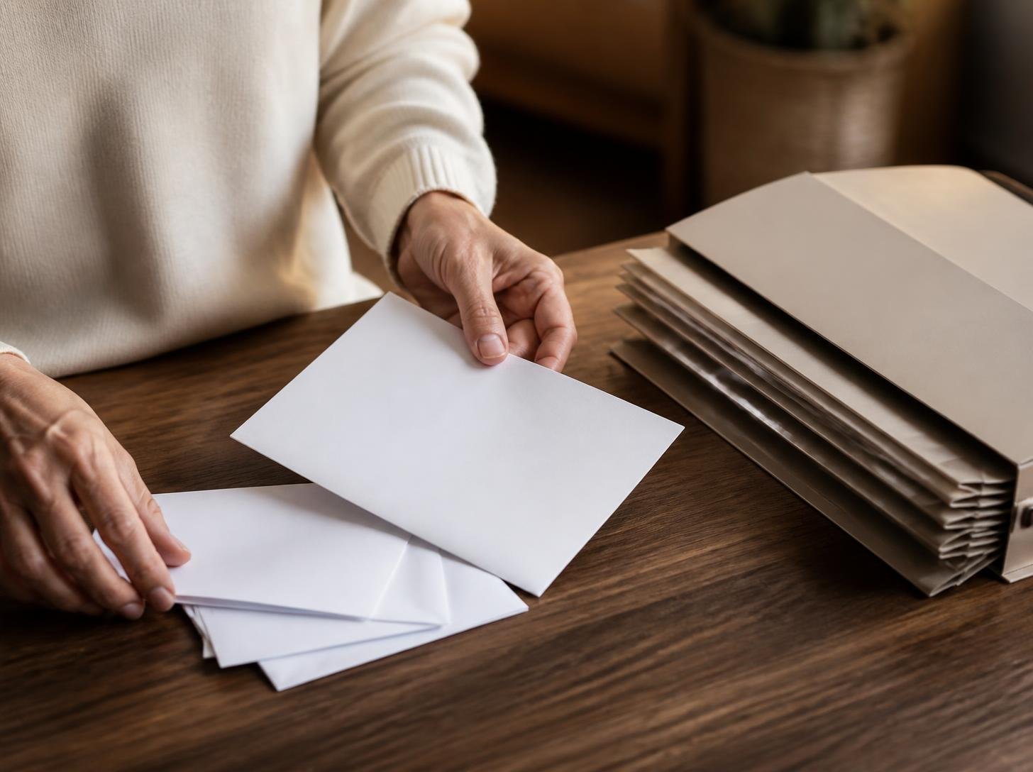 Mãos organizando documentos e envelopes do plano de saúde sobre a mesa