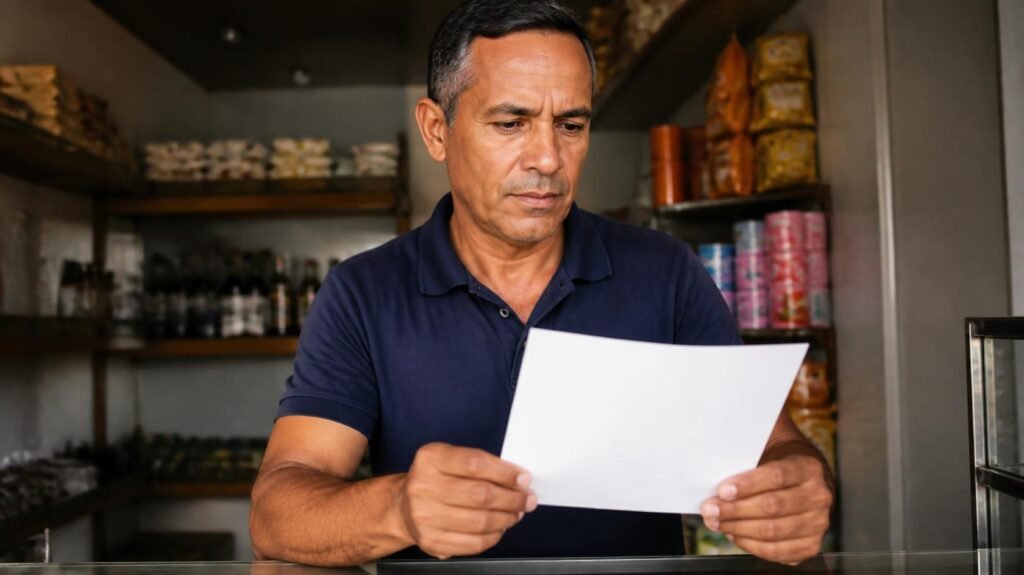 Dono de pequeno comércio conferindo o comunicado de reajuste do plano de saúde coletivo