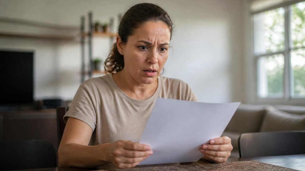 Mulher de cerca de 40 anos sentada à mesa da sala conferindo o boleto do plano de saúde com expressão de surpresa