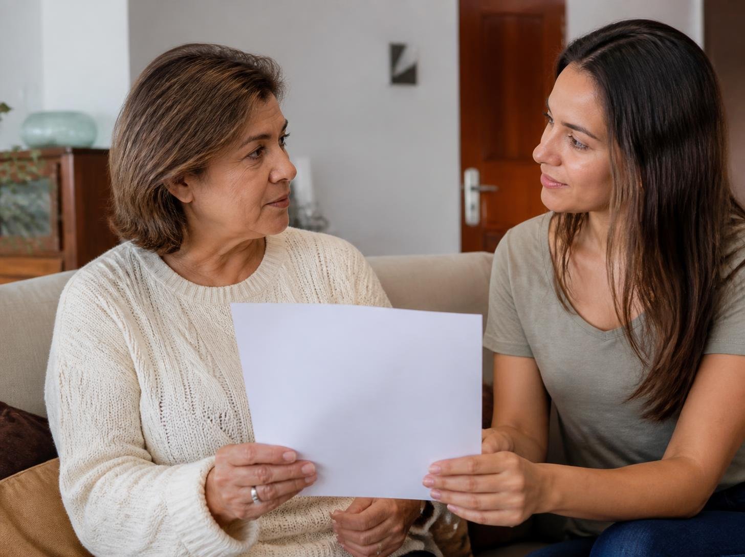 Mulher de cerca de 60 anos e filha adulta conversando no sofá sobre o aumento da mensalidade do plano de saúde
