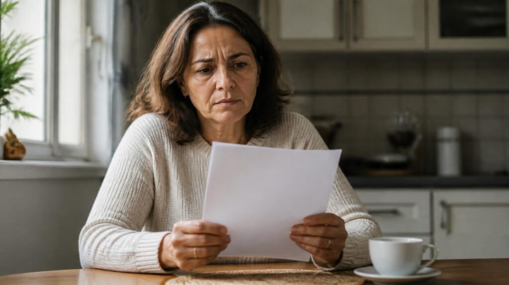 Mulher de cerca de 58 anos sentada à mesa da cozinha analisando o comunicado de reajuste do plano de saúde