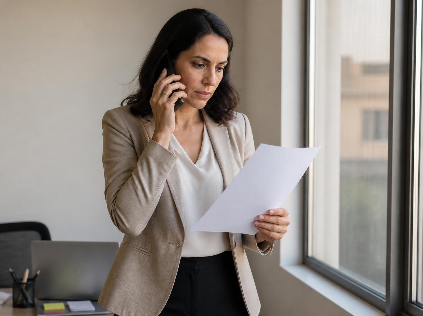 Profissional de recursos humanos ao telefone com a operadora tratando do reajuste do plano de saúde